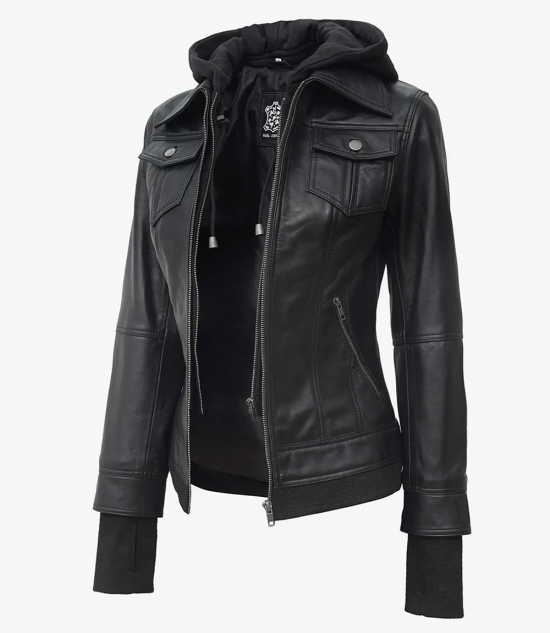 Women's Black Hooded Leather Jacket — Removable Hood